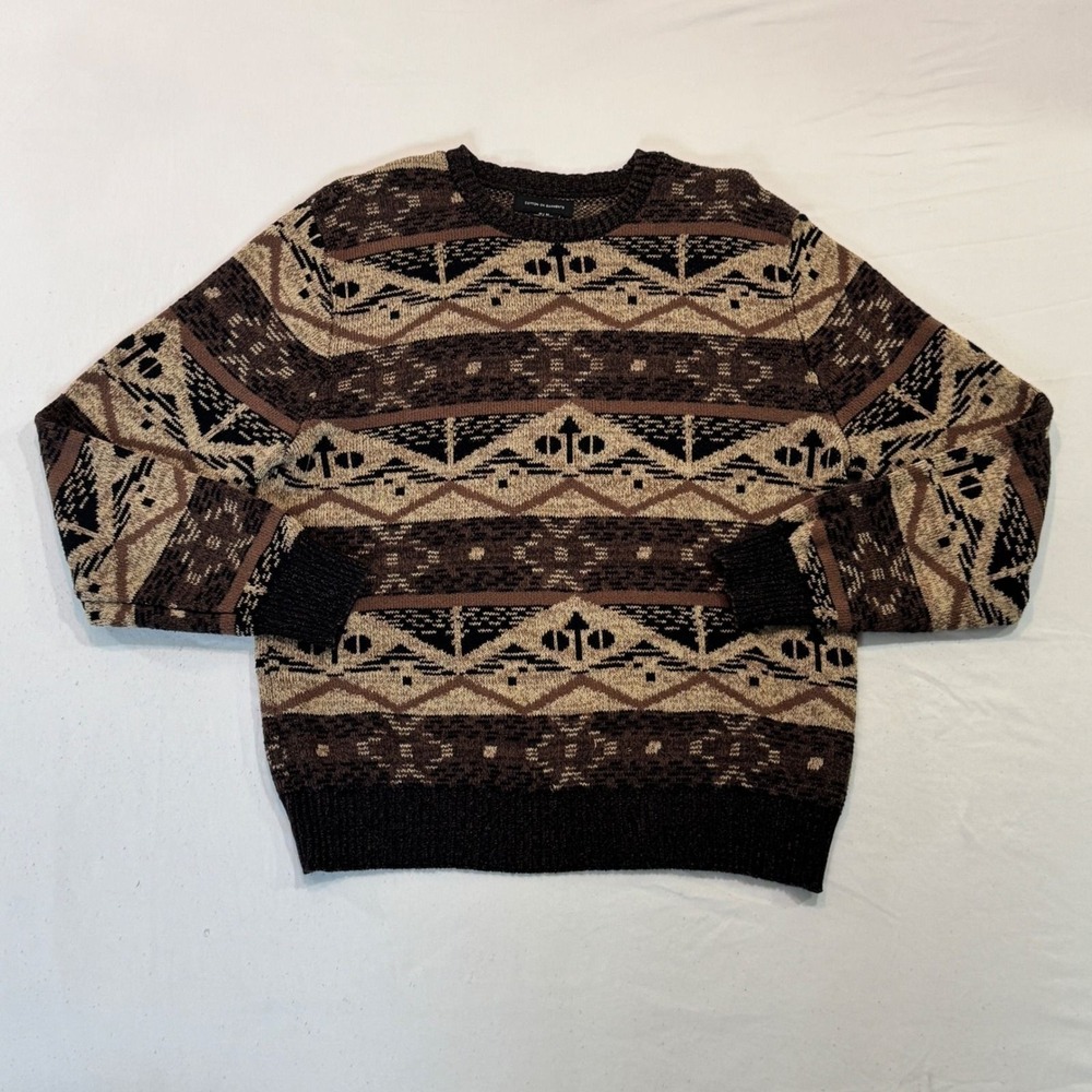 Cotton On Garments Mens Brown Geometric Jacquard Knit Crewneck Sweater